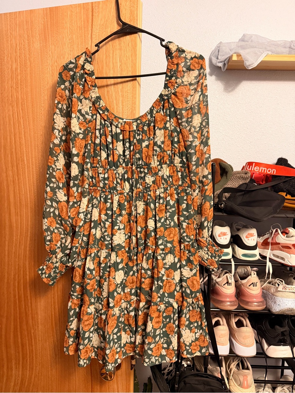 Baltic Born Green Floral Tiered Long-Sleeve Dress with Orange Blooms